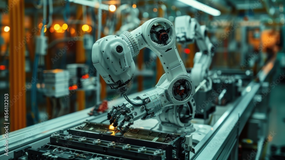 A robot is working on a piece of machinery A robot is working on a piece of machinery