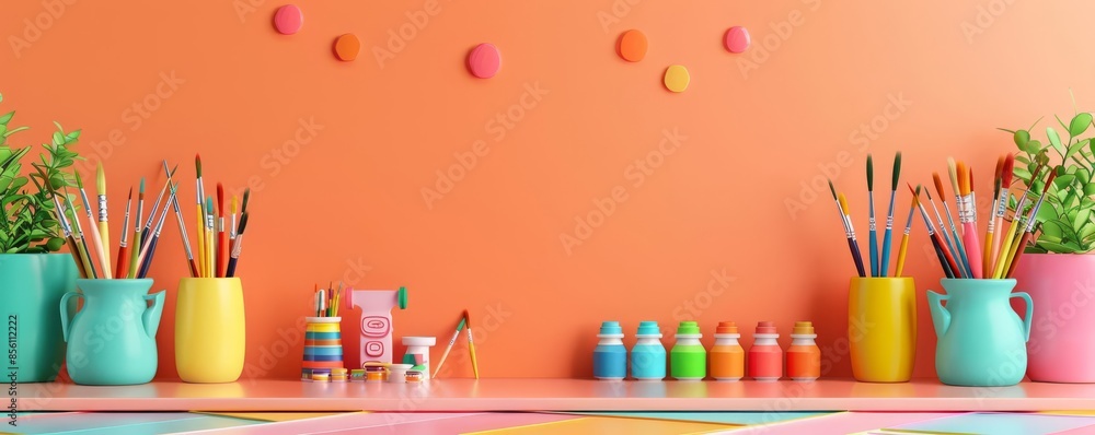 An image of a messy desk with paintbrushes, pencils, and other art supplies An image of a messy desk with paintbrushes, pencils, and other art supplies