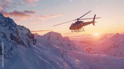 Aerial view of a helicopter flying above snowy mountains, suitable for adventure, travel or outdoor activities photo