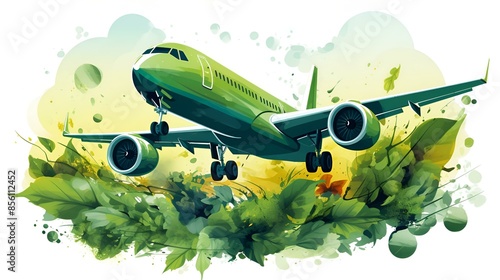 A green airplane soaring above a lush green field.

 photo