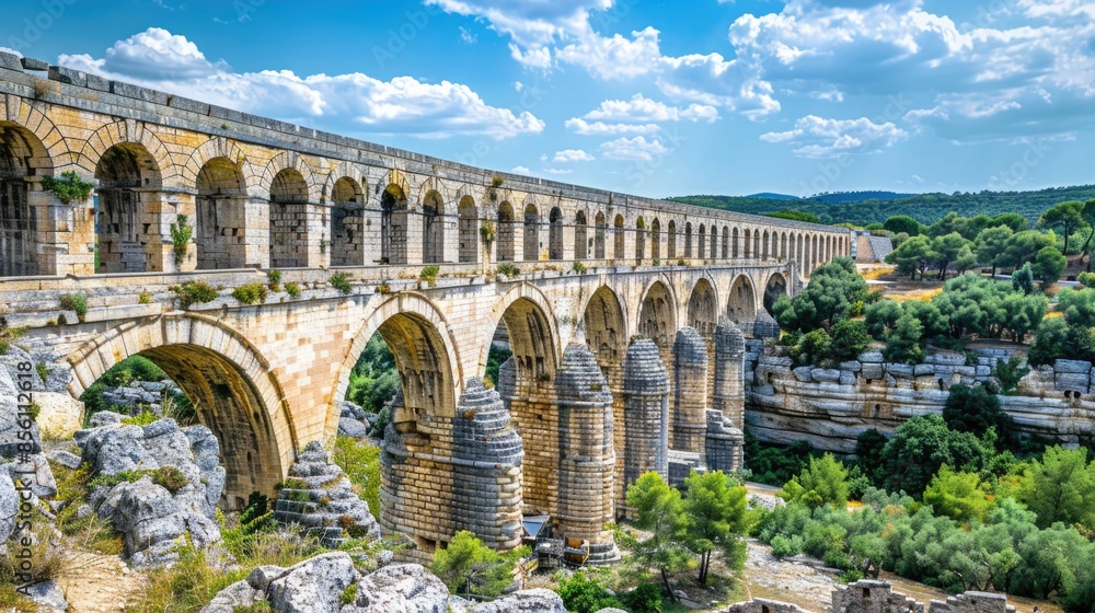 Fototapeta premium A stone bridge spans a serene river, flanked by lush greenery