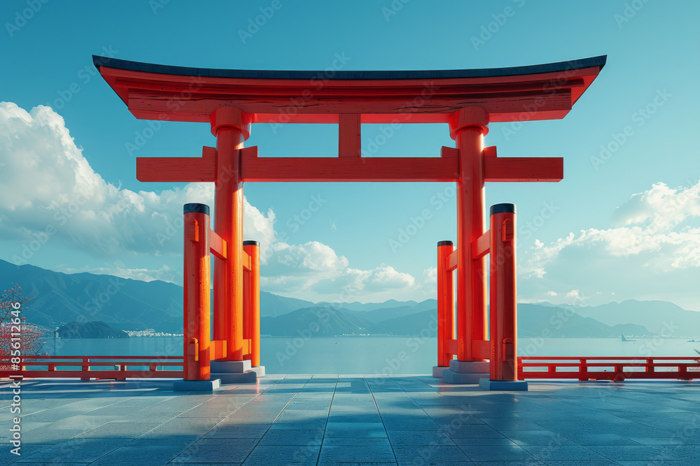 Minimalist 3D Torii gate with clean lines and a serene, modern design, Minimalist 3D Torii gate with clean lines and a serene, modern design,