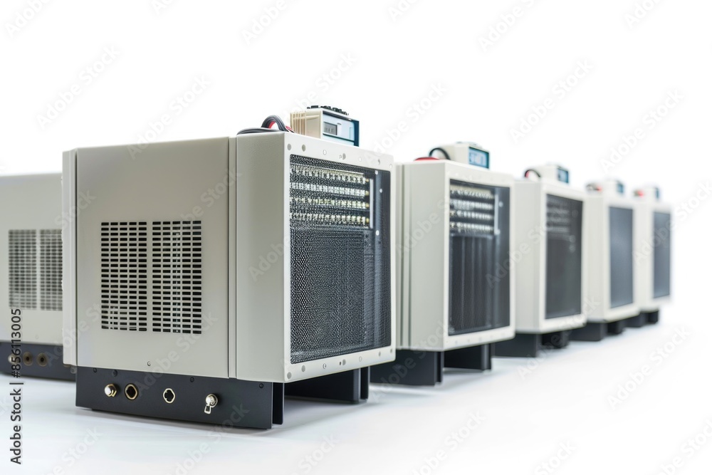 Row of industrial air conditioners on a white surface Row of industrial air conditioners on a white surface