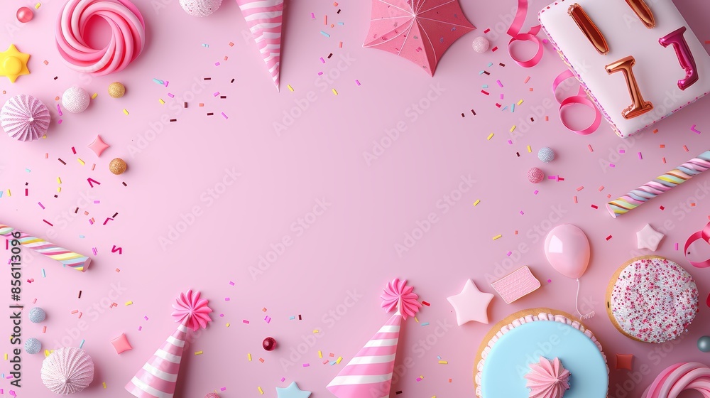 Birthday number background in pastel colors, cartoon drawing of party elements like hats, streamers, and cake, ample copy space, flat design top view Birthday number background in pastel colors, cartoon drawing of party elements like hats, streamers, and cake, ample copy space, flat design top view