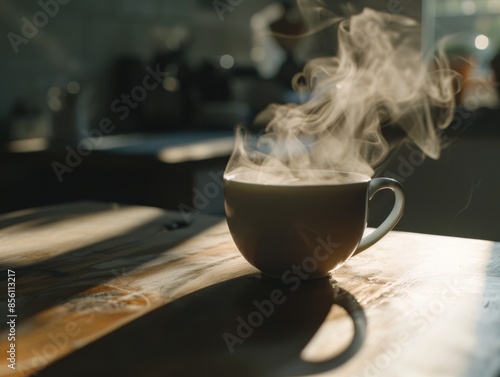 A cinemagraph of a coffee cup on a table, where only the steam from the hot coffee is moving, adding a subtle yet captivating touch to the still image