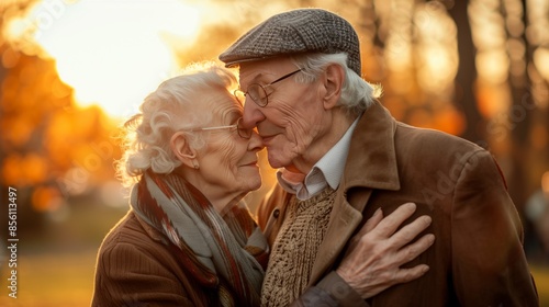 Elderly Couple Embracing at Sunset
