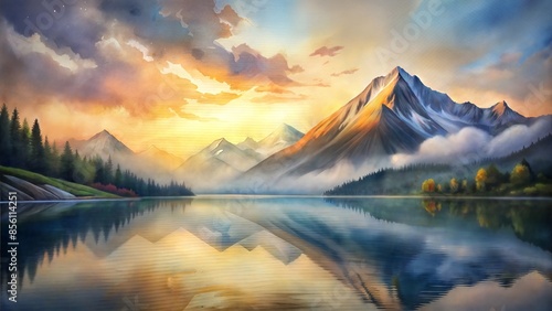 Mountain lake with reflection during golden sunset