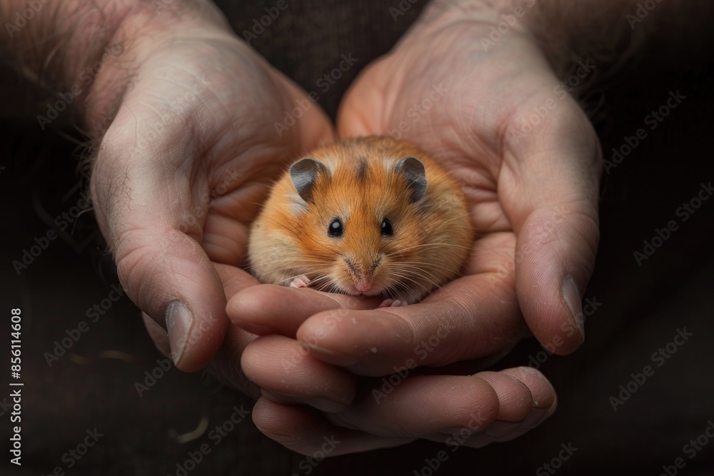 A person is holding a small hamster in their hands, possibly for comfort or as a pet A person is holding a small hamster in their hands, possibly for comfort or as a pet