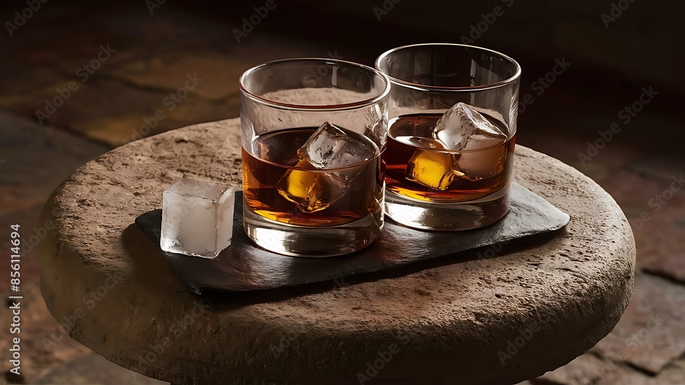 Glasses of whiskey with ice cubes on stone table top view Glasses of whiskey with ice cubes on stone table top view