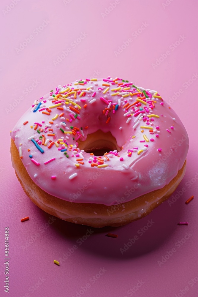 Pink donut with colorful sprinkles on a matching background, perfect for food or bakery photography Pink donut with colorful sprinkles on a matching background, perfect for food or bakery photography