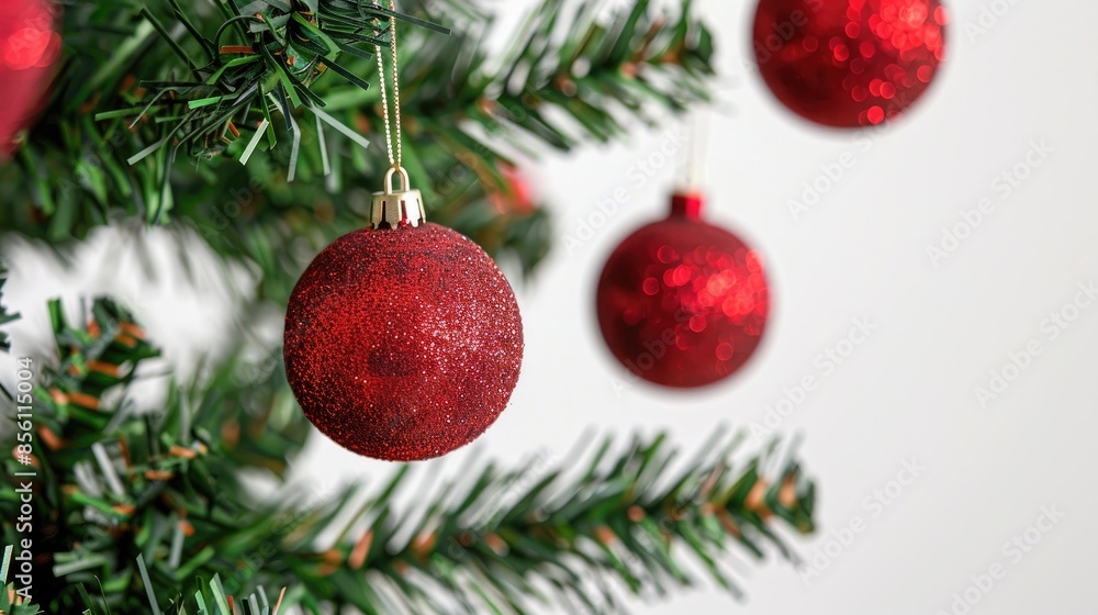 Close up of red Christmas balls hanging on branches of an artificial Christmas tree against a white background Close up of red Christmas balls hanging on branches of an artificial Christmas tree against a white background