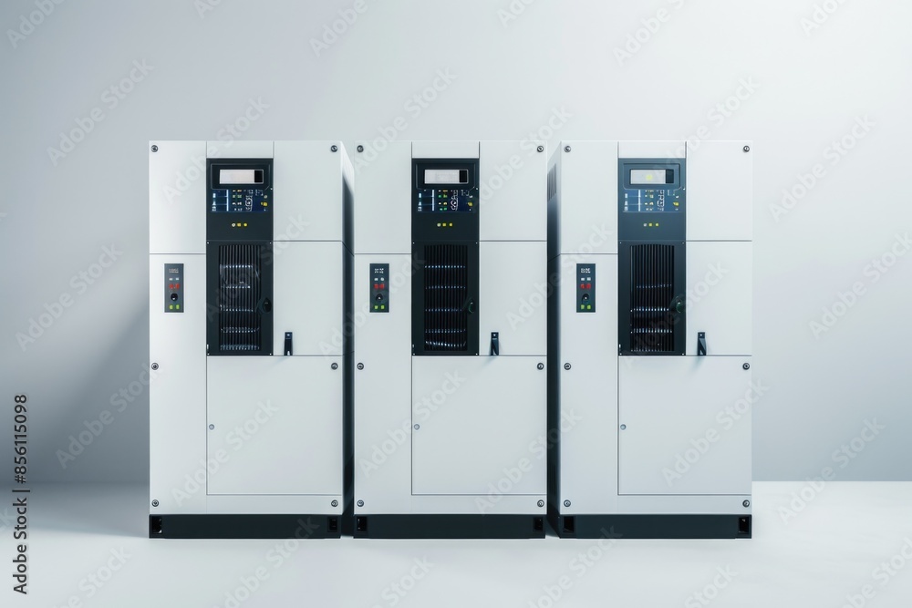 A collection of machines arranged in a row, possibly for manufacturing or storage purposes A collection of machines arranged in a row, possibly for manufacturing or storage purposes