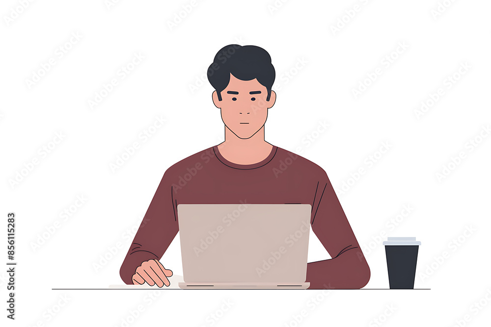 A man working on a laptop, depicted in a sleek flat design with minimalist aesthetics A man working on a laptop, depicted in a sleek flat design with minimalist aesthetics