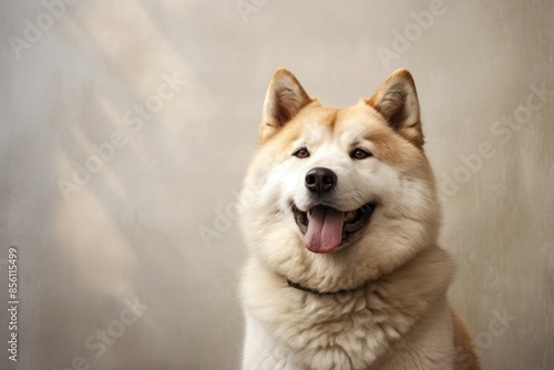 Portrait of a happy akita while standing against minimalist or empty room background