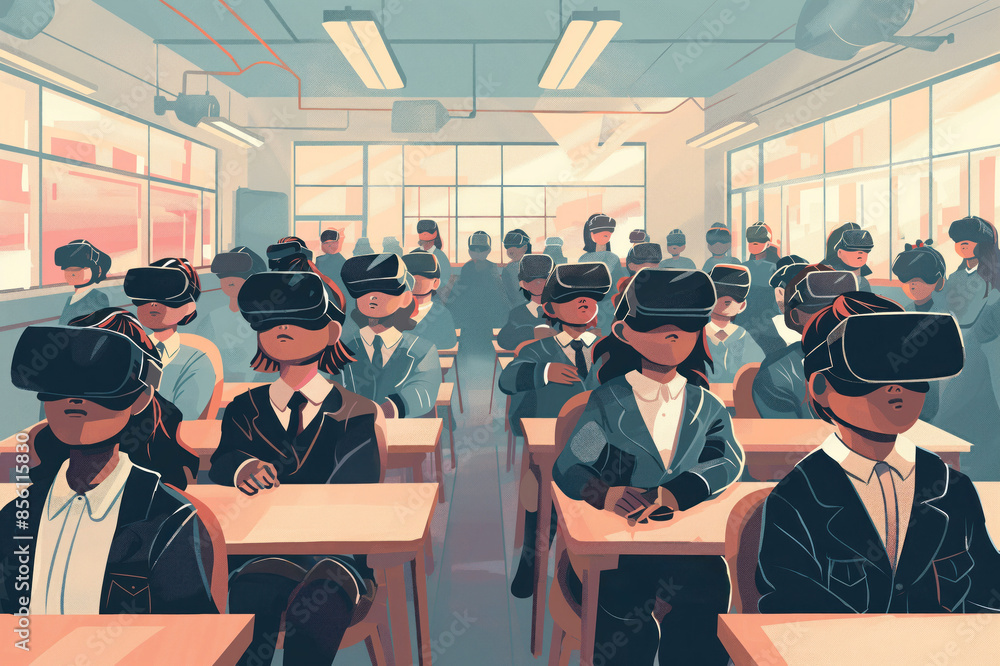 Students in class wear VR headsets, explore digital worlds in immersive tech training. Virtual reality education at modern academy. Pupils learn through interactive VR systems, skills development. Students in class wear VR headsets, explore digital worlds in immersive tech training. Virtual reality education at modern academy. Pupils learn through interactive VR systems, skills development.