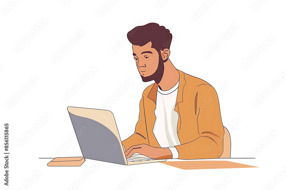 A man working on a laptop, depicted in a sleek flat design with minimalist aesthetics. A man working on a laptop, depicted in a sleek flat design with minimalist aesthetics.