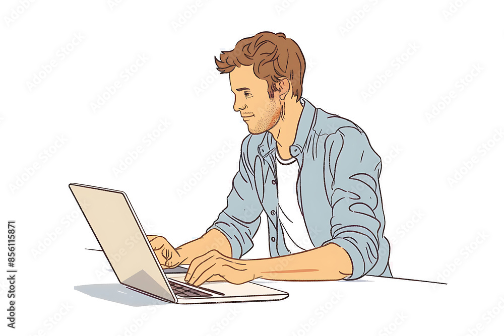 A man working on a laptop, depicted in a sleek flat design with minimalist aesthetics. A man working on a laptop, depicted in a sleek flat design with minimalist aesthetics.