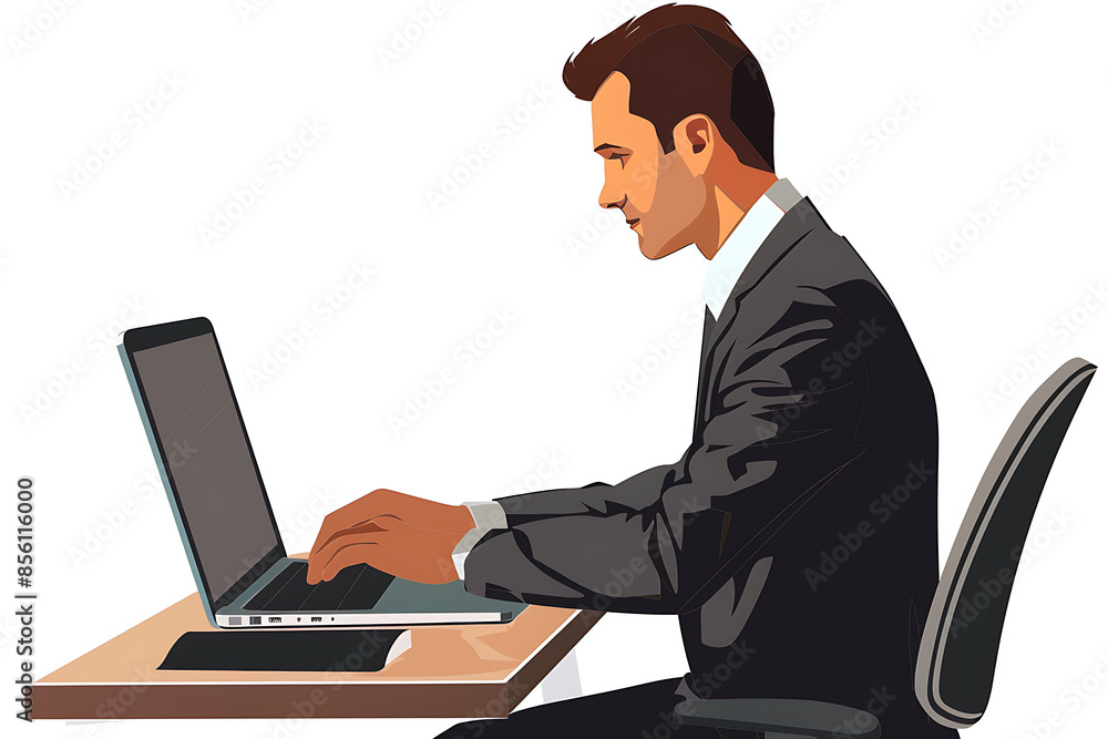 A man working on a laptop, depicted in a sleek flat design with minimalist aesthetics. A man working on a laptop, depicted in a sleek flat design with minimalist aesthetics.