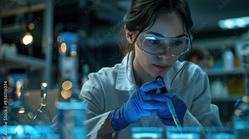 A woman in a lab coat is wearing blue gloves and looking at a microscope