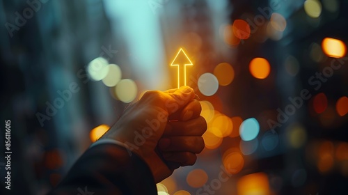 Businessman's Hand Gripping Glowing Upward Arrow with Soft Lighting and Tilted Office Background