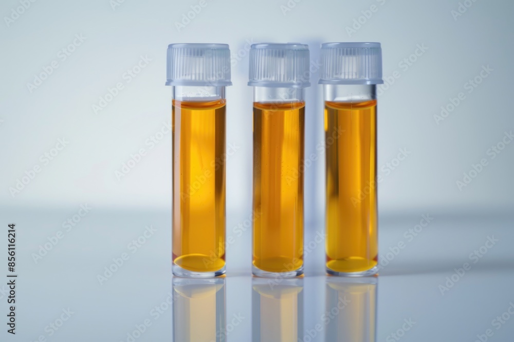 Two vials of liquid on a table, suitable for scientific or medical illustrations Two vials of liquid on a table, suitable for scientific or medical illustrations