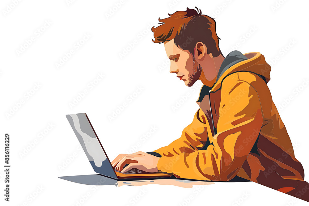 A man working on a laptop, depicted in a sleek flat design with minimalist aesthetics. A man working on a laptop, depicted in a sleek flat design with minimalist aesthetics.