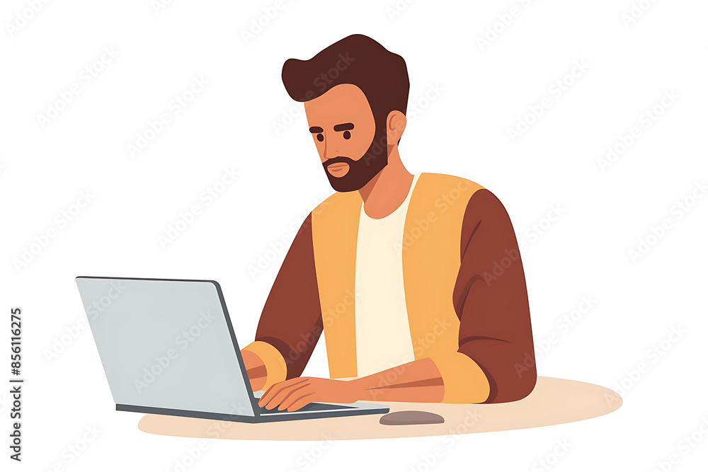 A man working on a laptop, depicted in a sleek flat design with minimalist aesthetics. A man working on a laptop, depicted in a sleek flat design with minimalist aesthetics.
