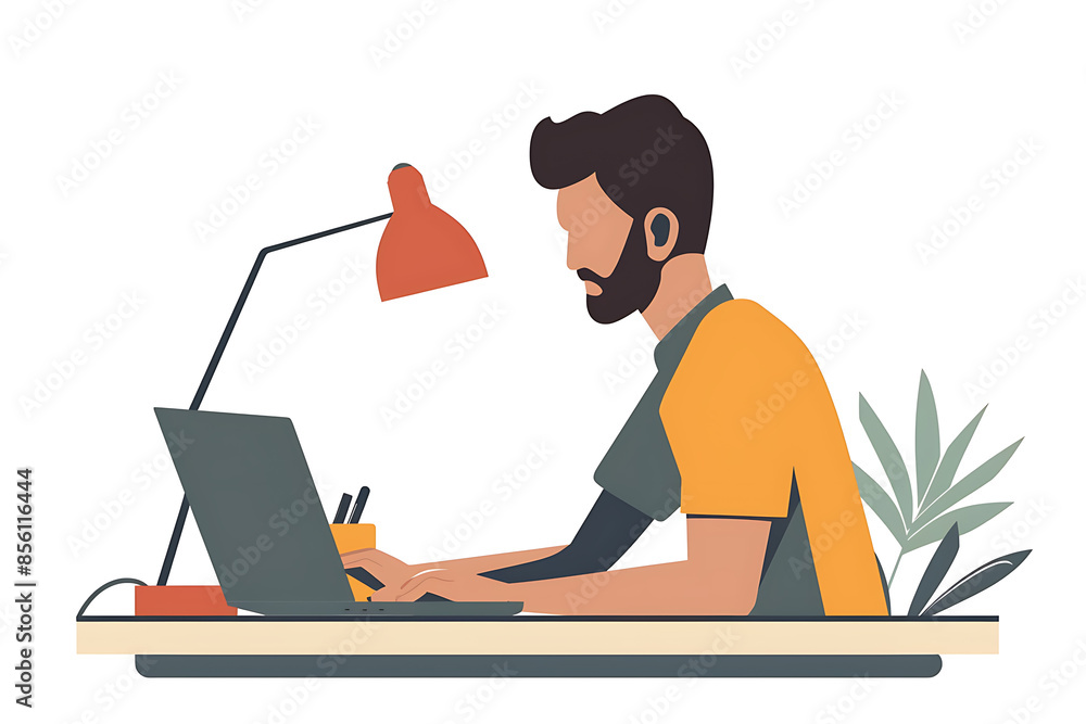 A man working on a laptop, depicted in a sleek flat design with minimalist aesthetics. A man working on a laptop, depicted in a sleek flat design with minimalist aesthetics.