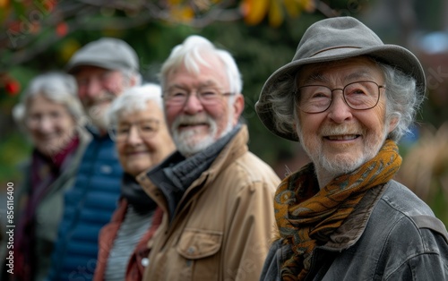 Group of happy seniors in an urban park environment. 
