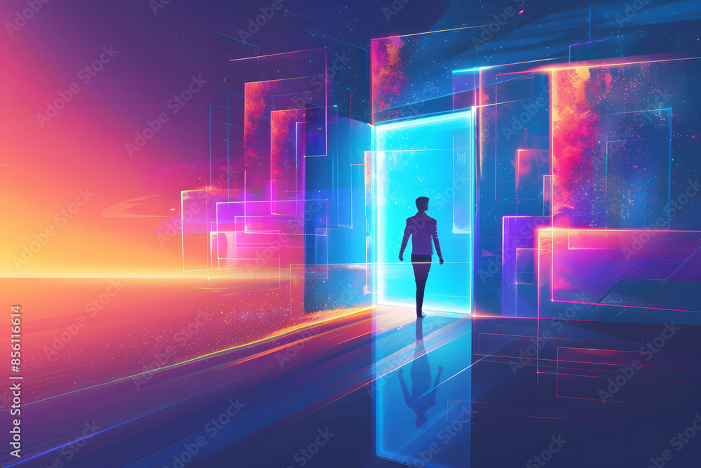 Internet of things concept, illustration of a person stepping from reality into a digital world, virtual reality, avatar in online Internet of things concept, illustration of a person stepping from reality into a digital world, virtual reality, avatar in online