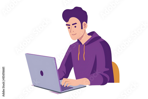 A man working on a laptop, depicted in a sleek flat design with minimalist aesthetics.