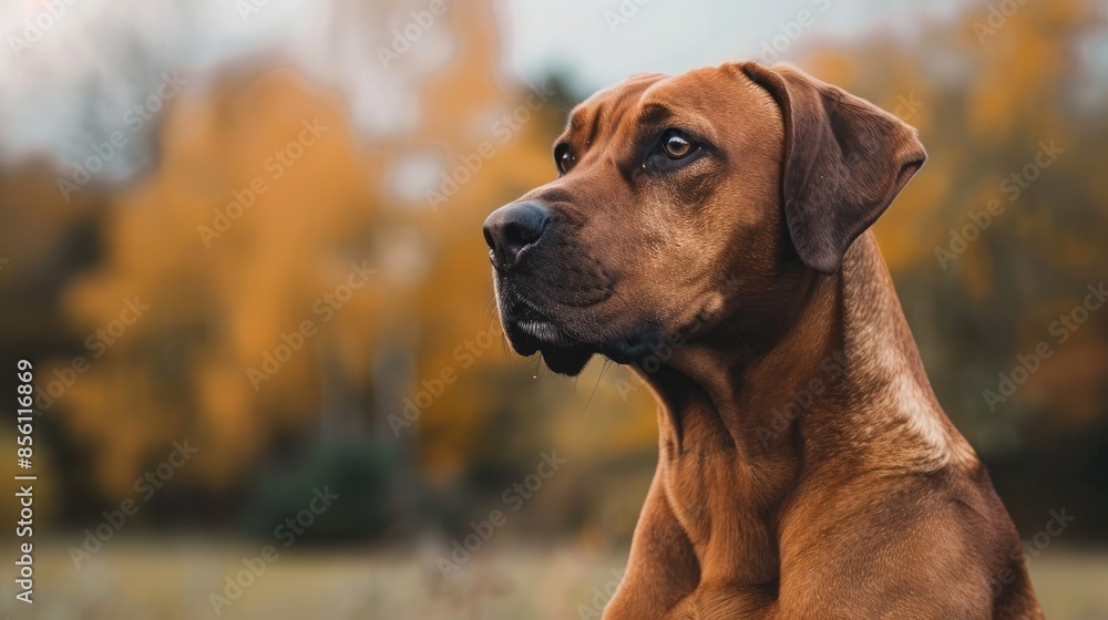 Close up photo of a Rhodesian Ridgeback dog in a field with trees in the background Close up photo of a Rhodesian Ridgeback dog in a field with trees in the background