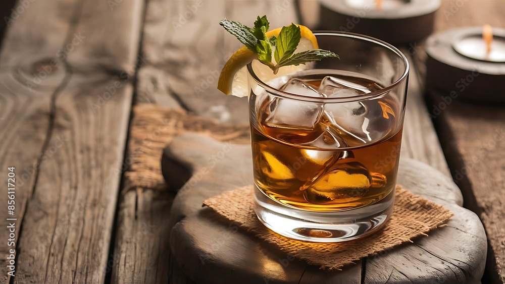 Whiskey with ice on the rocks in a glass on a wooden table Whiskey with ice on the rocks in a glass on a wooden table