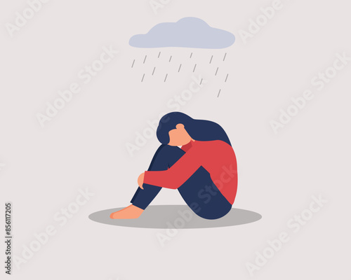 Depressed female character sitting on floor and hugging knees, cloud over her head. Mental health concept. Depression, bipolar disorder, dementia, obsessive compulsive, post traumatic stress disorder.