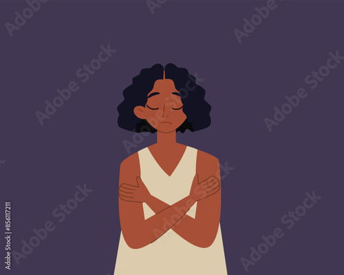 Sad African woman hugging herself.Anxiety,stress,depression,loneliness,mental health. Vector illustration cartoon flat style