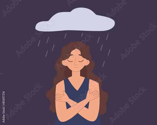 Sad female character hugging herself with rain cloud over her head.Depressed woman with mental health issues.Vector illustration
