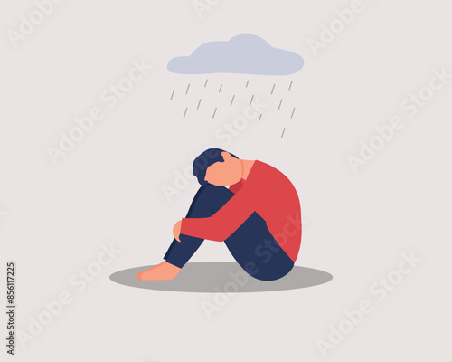 Depressed male character sitting on floor and hugging knees, cloud over her head. Mental health concept. Depression, bipolar disorder, dementia, obsessive compulsive, post traumatic stress disorder