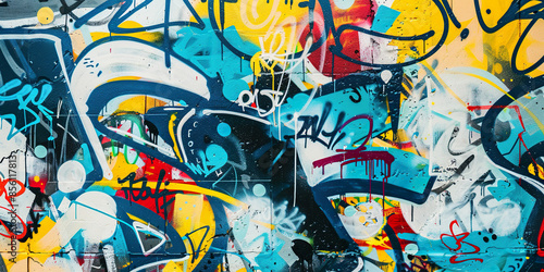 Wallpaper Mural Graffiti street art abstract mural spray paint background wallpaper Backdrop. Tags, wildstyle throw up, piece, expressive wall painting in blue, purple, yellow and pink colors Torontodigital.ca