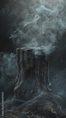 Tree stump in misty smoke, eerie atmosphere. Concept of mystery and nature's remnants