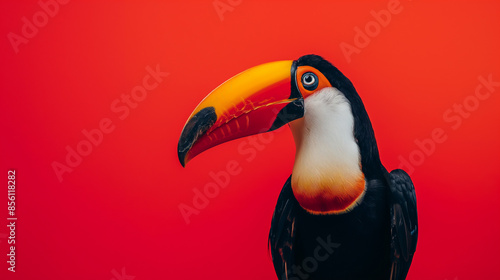 Fotografia realista de um tucano de corpo inteiro, fundo vermelho puro, close-up photo