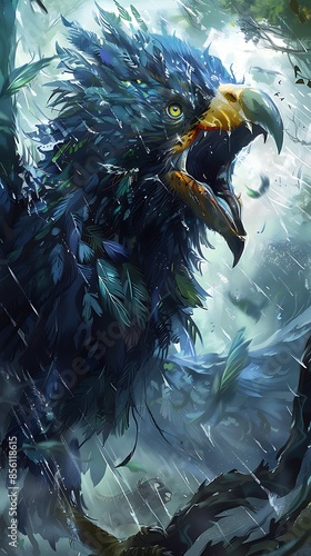 A towering giant bird creature with luminous yellow and blue eyes, its large mouth open wide in a fierce cry, feathers ruffled and wings spread wide as it soars through a tumultuous storm. photo