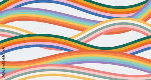 Retro Abstract Rainbow Stripes Background, 60s 70s Style, Groovy Pastel Waves, Psychedelic Design Banner Template
