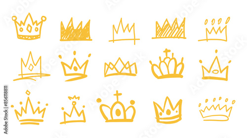 Golden yellow crown vector illustration sketch set hand drawn scrapbooking elements. Doodle funny royal diadema, crown, headdress, cap with diamonds, gem, jewel.