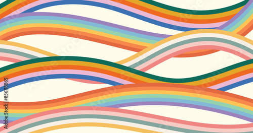 Retro Abstract Rainbow Stripes Background, 60s 70s Style, Groovy Pastel Waves, Psychedelic Design Banner Template