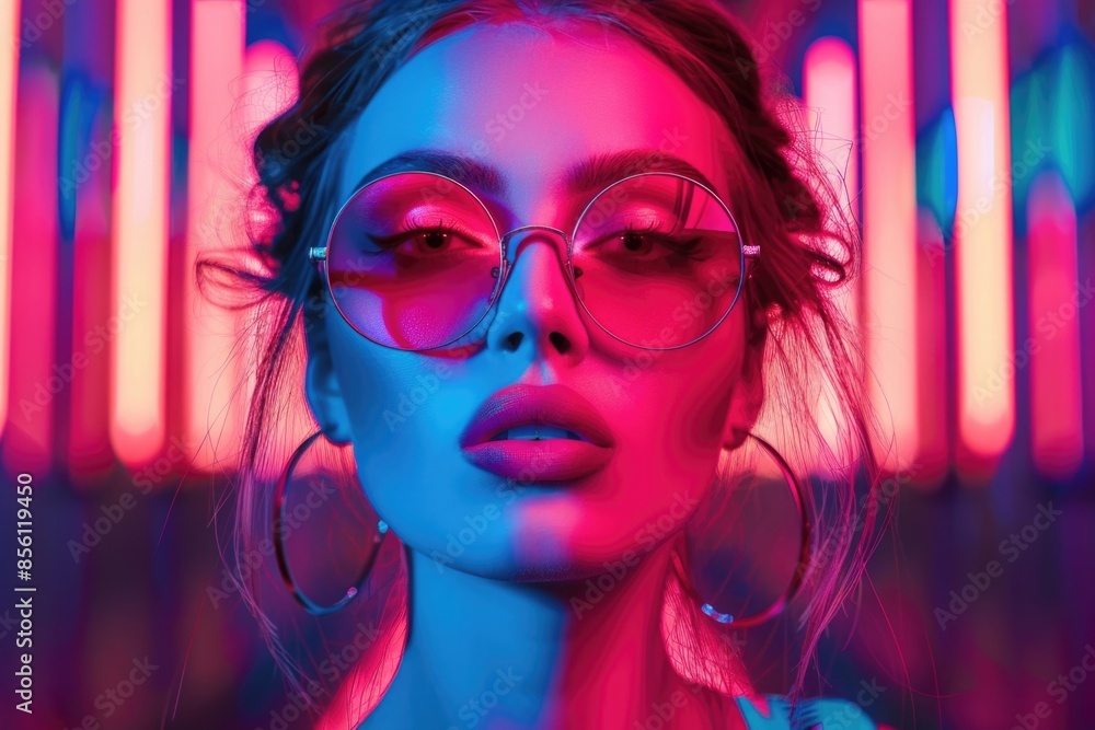 A woman wearing round glasses stands in front of colorful neon lights, providing a unique and eye-catching scene A woman wearing round glasses stands in front of colorful neon lights, providing a unique and eye-catching scene