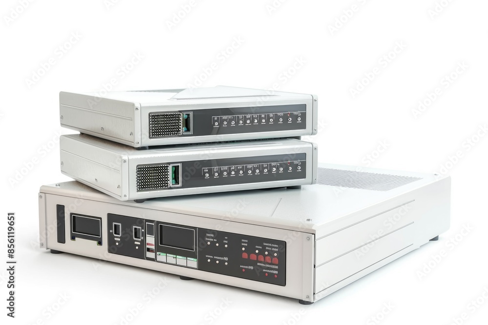 A pair of electronic devices stacked vertically with wires and cords visible