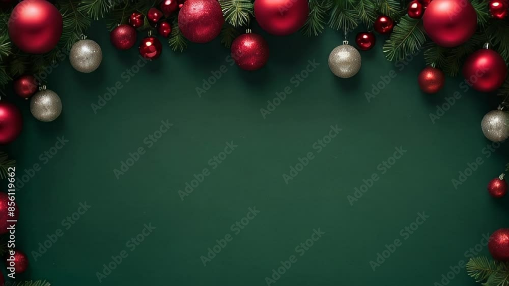 Festive Christmas border with red ornaments, pine branches on a green background. Perfect for holiday greetings, blank free space. Festive Christmas border with red ornaments, pine branches on a green background. Perfect for holiday greetings, blank free space.
