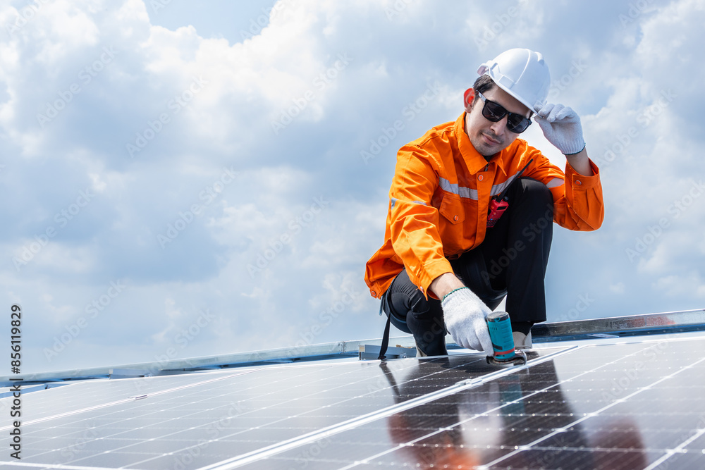 Professional Engineer Service Solar Panel. Worker Maintenance Cleaning Replacing Solar Panel. Solar photovoltaic panel system in Industry roof. Saving Energy with Clean Power. Professional Engineer Service Solar Panel. Worker Maintenance Cleaning Replacing Solar Panel. Solar photovoltaic panel system in Industry roof. Saving Energy with Clean Power.