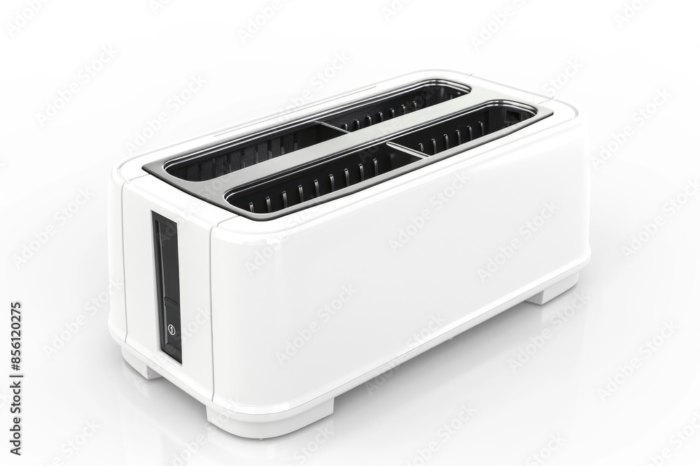 A white toaster sitting on top of a kitchen counter A white toaster sitting on top of a kitchen counter