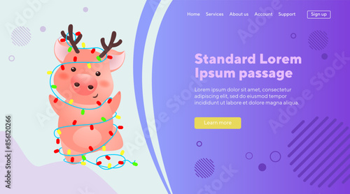Cute pig with antlers wrapped into Christmas lights. Dancing, party, fun. Christmas, New Year, festival concept can be used for landing page, banner